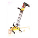 Yellow swivelling drill stand clamped to a wood beam in a reclined position with a drill in place on a white background