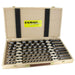 Set of 8 Auger bits in a wooden case with FAMAG logo on the box lid on a white background