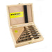 Set of 7 drill bits in a wooden box with FAMAG branding on a white background