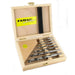 Set of 7 drill bits in a wooden box with FAMAG branding.
