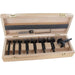 Set of 8 black Bormax WS prima bits in a wooden box on a white background