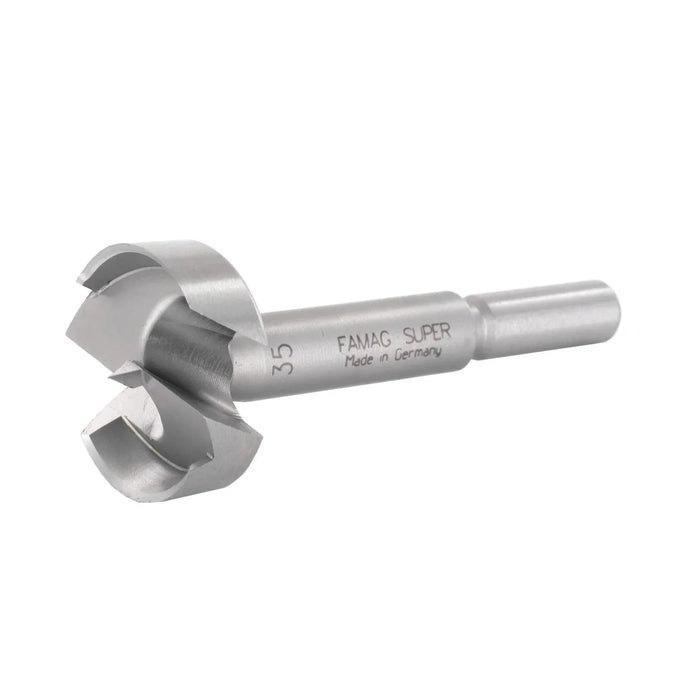 Metal drill bit with '35 FAMAG SUPER Made in Germany' etched into it  on a white background
