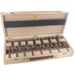 Set of 15 Artificial drill bits in a wooden case on a white background