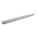 Silver coloured metal rod with engraved text on a white background