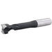 Drill bit with black and silver design on a white background