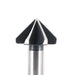 Metal router bit with three angled cutting edges on a white background
